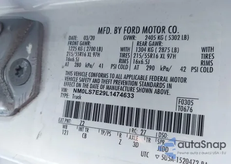 2020 Ford Transit Connect Xl z USA, uszkodzony, nr VIN NM0LS7E29L1474633